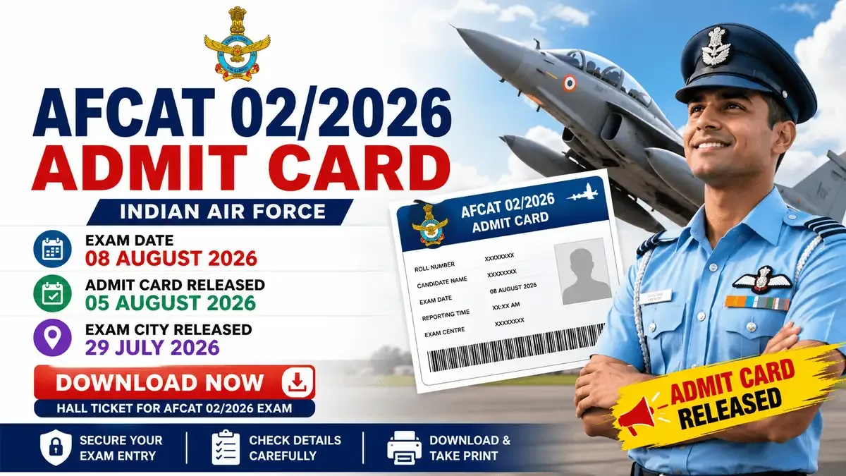 AFCAT 02/2026 Admit Card 2026 banner featuring an Indian Air Force officer, fighter aircraft, and hall ticket with exam date 08 August 2026 and admit card release details.
