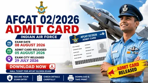 AFCAT 02/2026 Admit Card 2026 banner featuring an Indian Air Force officer, fighter aircraft, and hall ticket with exam date 08 August 2026 and admit card release details.