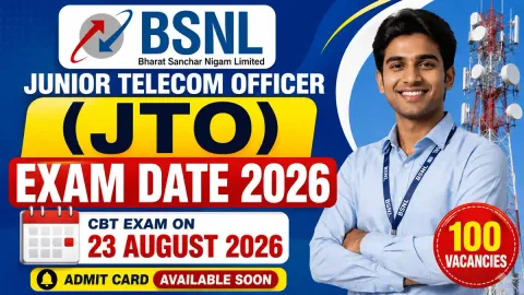 BSNL Junior Telecom Officer (JTO) Exam Date 2026 official update featuring CBT exam scheduled on 23 August 2026, 100 vacancies, telecom tower, and admit card coming soon.