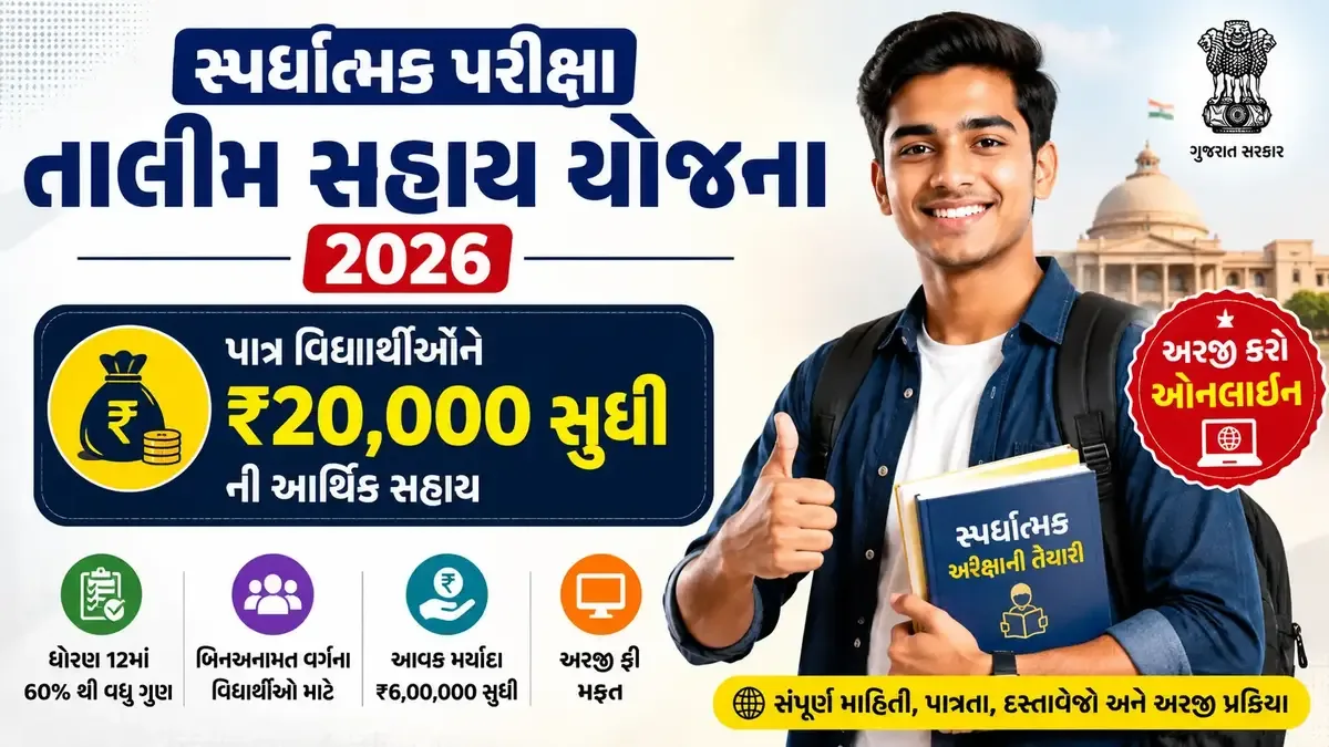 સ્પર્ધાત્મક પરીક્ષા તાલીમ સહાય યોજના 2026 હેઠળ બિનઅનામત વિદ્યાર્થીઓને રૂ. 20,000 સુધીની તાલીમ સહાયની માહિતી