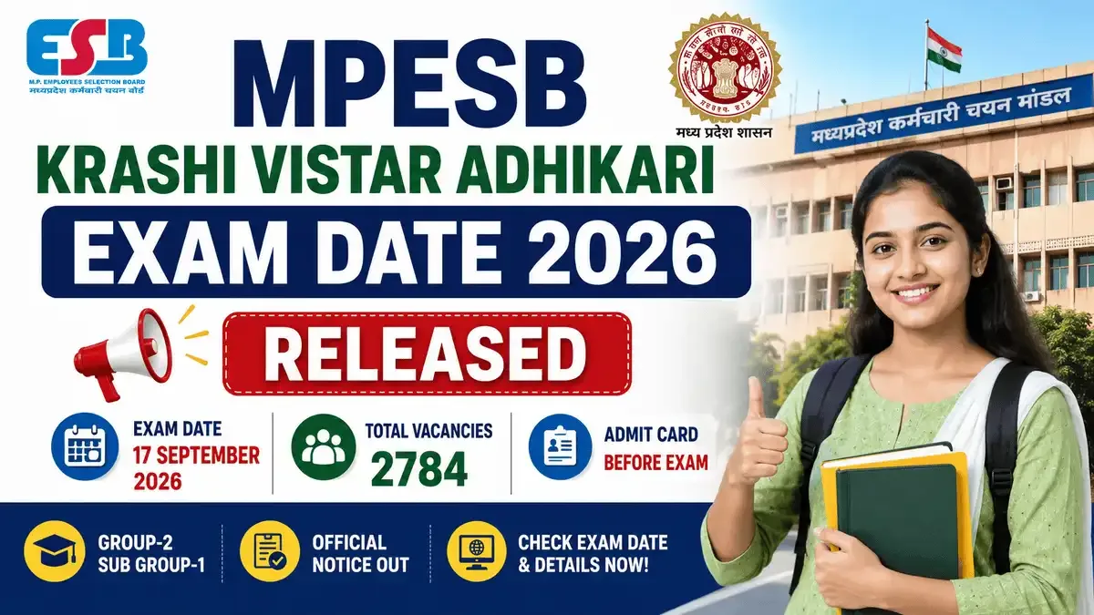 MPESB Krashi Vistar Adhikari Exam Date 2026 feature image showing Agriculture Extension Officer exam scheduled for 17 September 2026 with 2784 vacancies and admit card update.