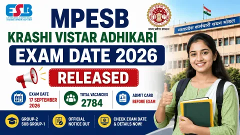 MPESB Krashi Vistar Adhikari Exam Date 2026 feature image showing Agriculture Extension Officer exam scheduled for 17 September 2026 with 2784 vacancies and admit card update.