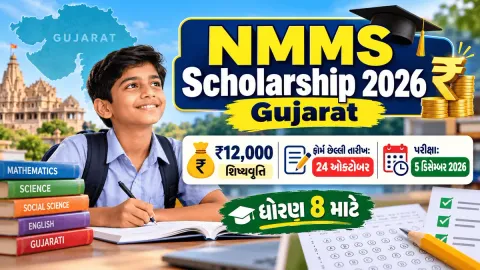 NMMS Scholarship 2026 Gujarat માટે ધોરણ 8ના વિદ્યાર્થી સાથે ₹12,000 શિષ્યવૃત્તિ, અરજીની છેલ્લી તારીખ 24 ઓક્ટોબર અને પરીક્ષા તારીખ 5 ડિસેમ્બર 2026 દર્શાવતી તસવીર.