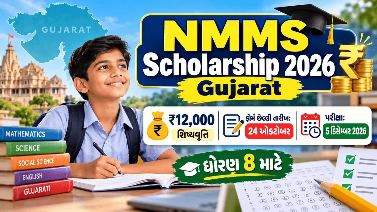 NMMS Scholarship 2026 Gujarat માટે ધોરણ 8ના વિદ્યાર્થી સાથે ₹12,000 શિષ્યવૃત્તિ, અરજીની છેલ્લી તારીખ 24 ઓક્ટોબર અને પરીક્ષા તારીખ 5 ડિસેમ્બર 2026 દર્શાવતી તસવીર.
