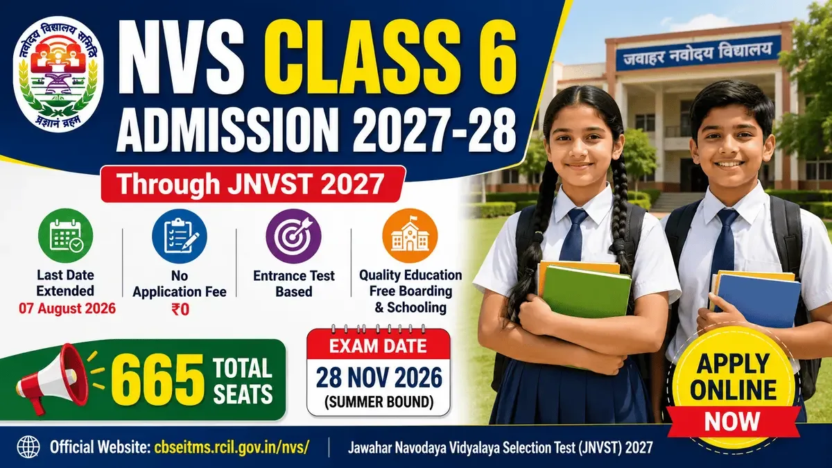 NVS Class 6 Admission Form 2027-28 through JNVST 2027 featuring Jawahar Navodaya Vidyalaya students, application deadline, exam date, free admission, and online registration details.