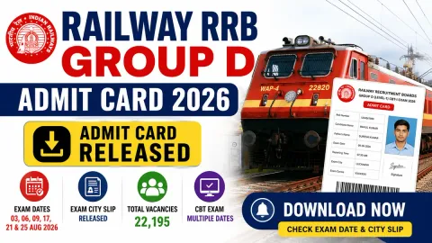 Railway RRB Group D Admit Card 2026 download banner showing CBT hall ticket, exam city slip, Indian Railways train, 22,195 vacancies, and August 2026 exam dates.