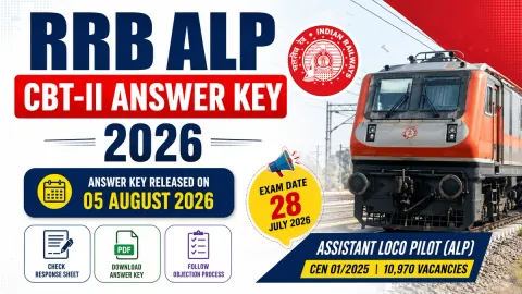 RRB ALP CBT-II Answer Key 2026 featured image showing Assistant Loco Pilot answer key release, Indian Railways locomotive, exam date 28 July 2026, and download details for CEN 01/2025 recruitment with 10,970 vacancies.