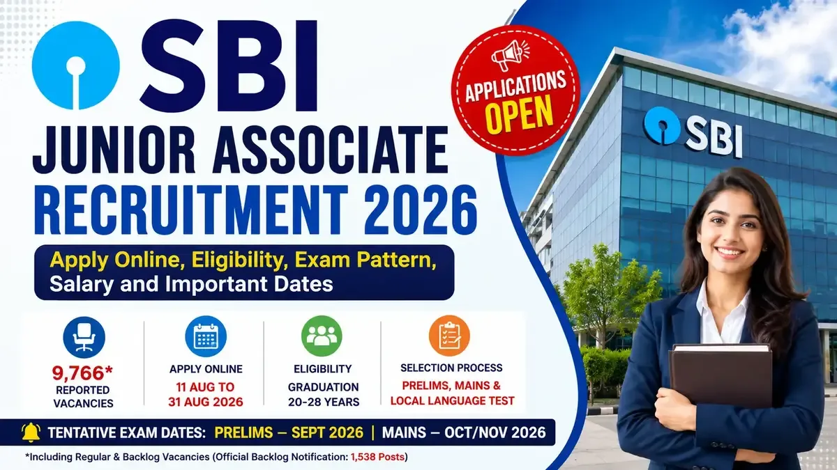 SBI Junior Associate Recruitment 2026 feature image showing application dates, eligibility, exam pattern and salary details