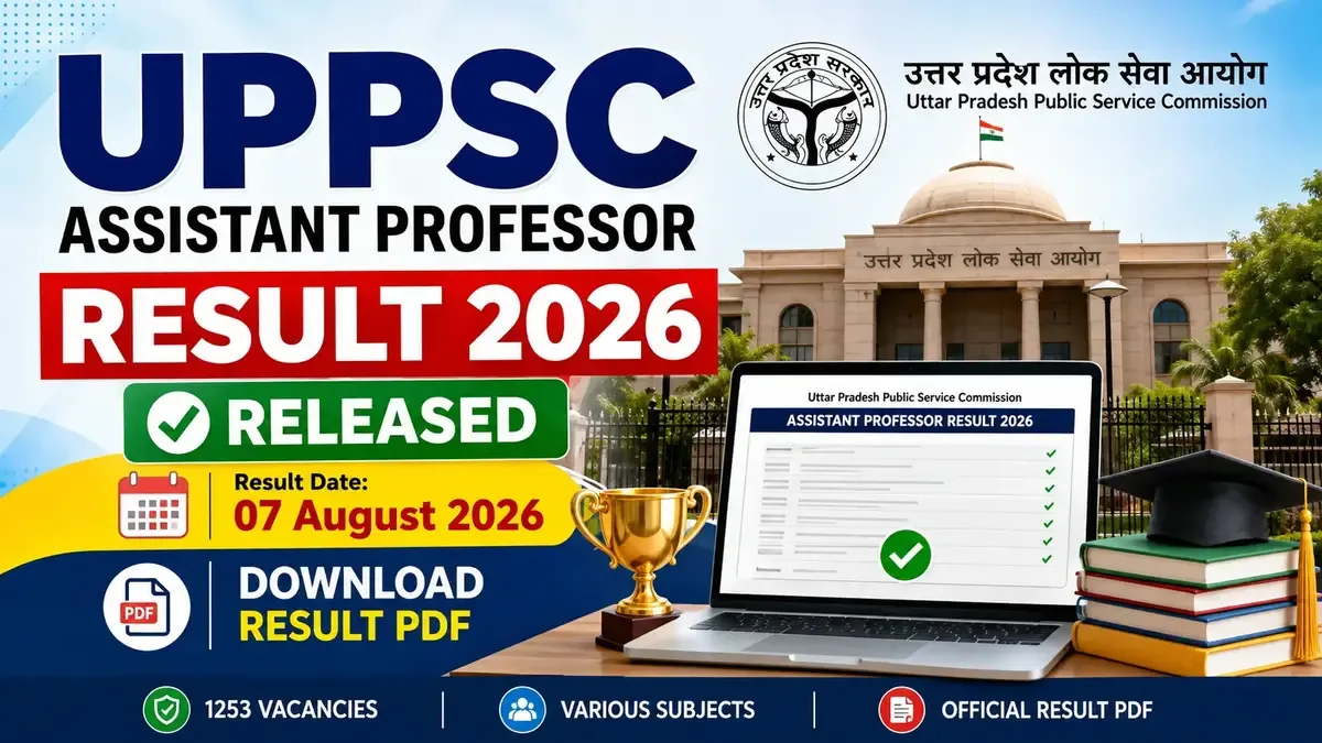 UPPSC Assistant Professor Result 2026 released, showing result PDF, August 7, 2026, and 1,253 vacancies