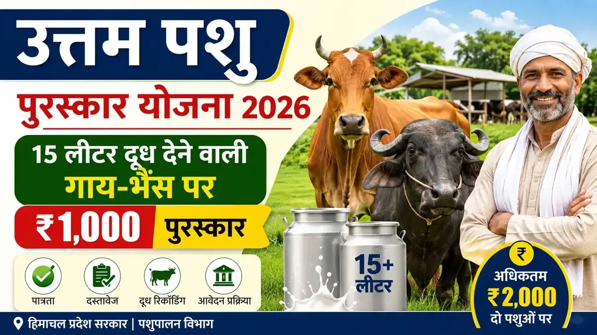 उत्तम पशु पुरस्कार योजना 2026 के तहत 15 लीटर या अधिक दूध देने वाली गाय और भैंस पर ₹1,000 पुरस्कार