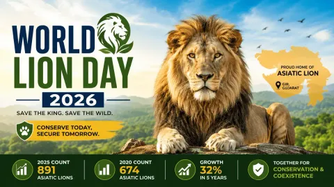 World Lion Day 2026 featuring an Asiatic lion in Gir Gujarat and lion conservation