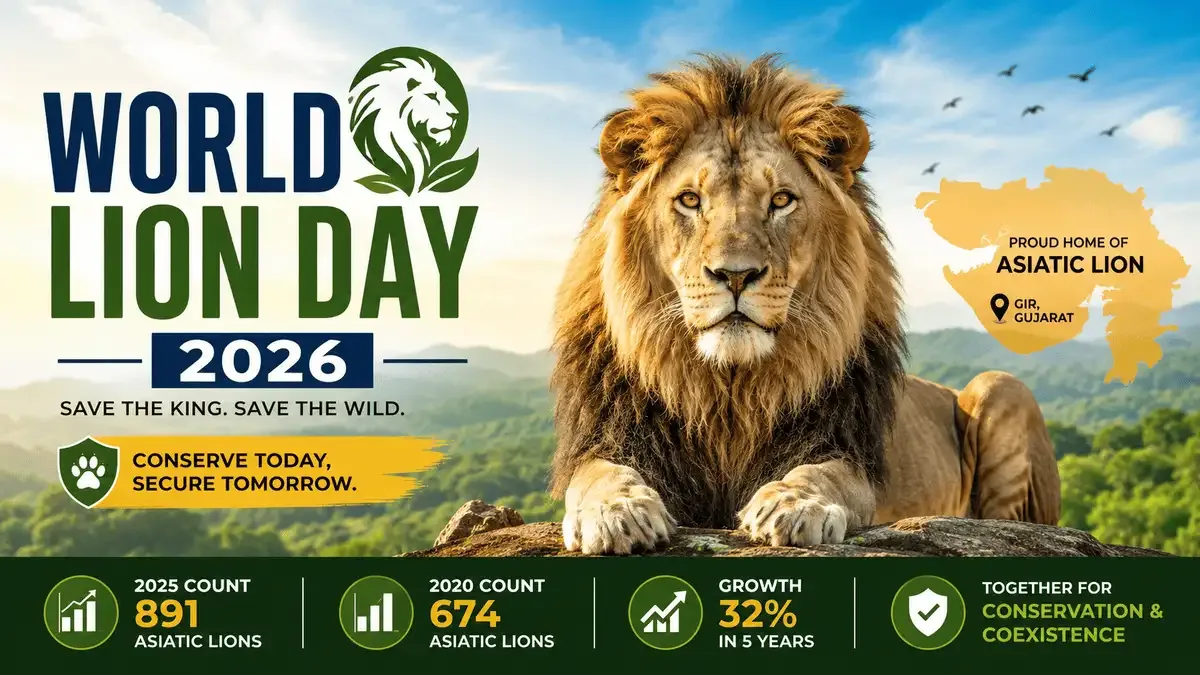World Lion Day 2026 featuring an Asiatic lion in Gir Gujarat and lion conservation