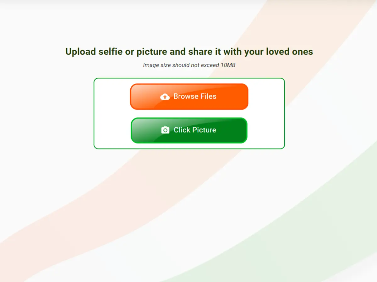 Har Ghar Tiranga 2026 portal પર selfie અથવા picture upload કરવા માટે Browse Files અને Click Picture વિકલ્પ