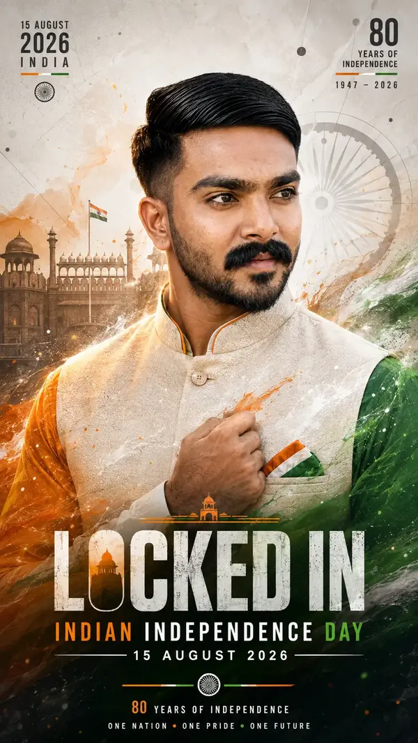 Hyper-realistic Independence Day 2026 poster featuring an Indian citizen in a patriotic Tricolour design