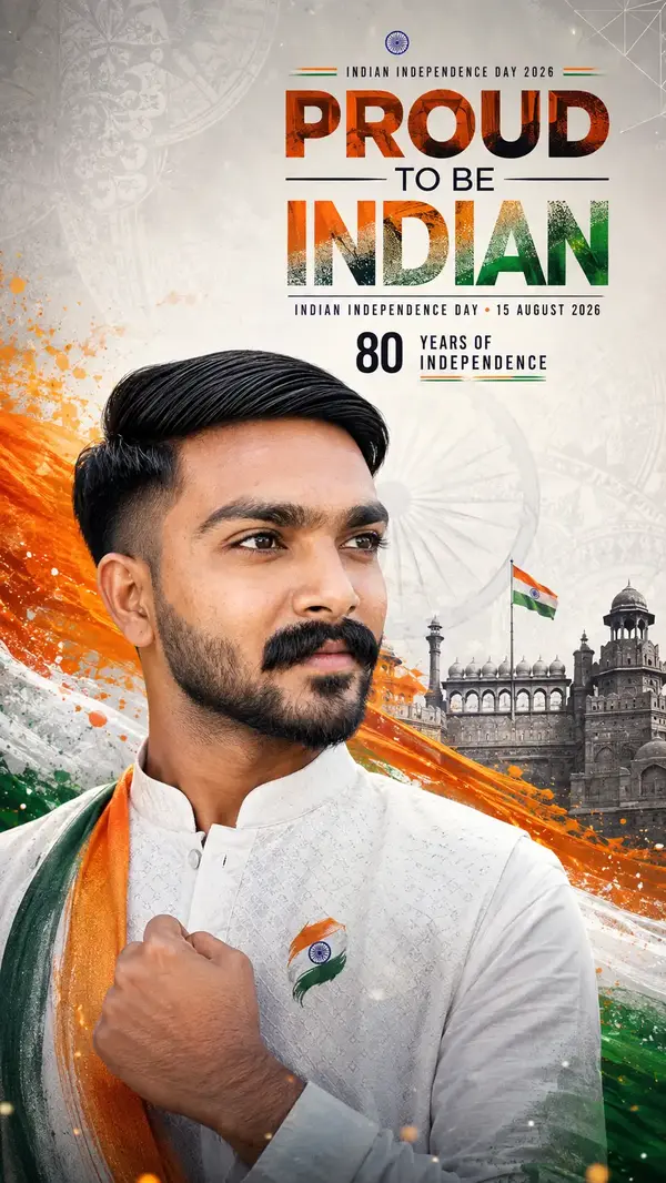 Hyper-realistic Independence Day 2026 poster with an Indian citizen, Red Fort, Tricolour and patriotic background